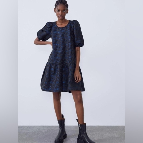 NWT ZARA Women’s Blue Black Camo Jacquard Volume Cool Dress XS X-Small Medium M - Picture 7 of 13